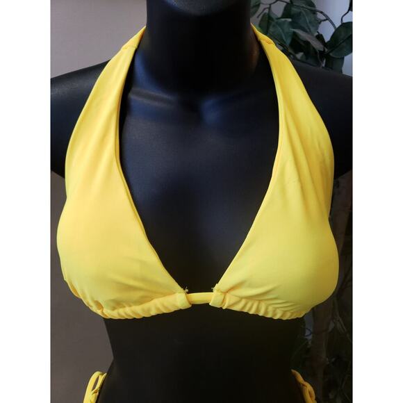 Women's 2 Piece Swimsuit Large Yellow Stretch Triangle Backless Halter Neck - Picture 8 of 8